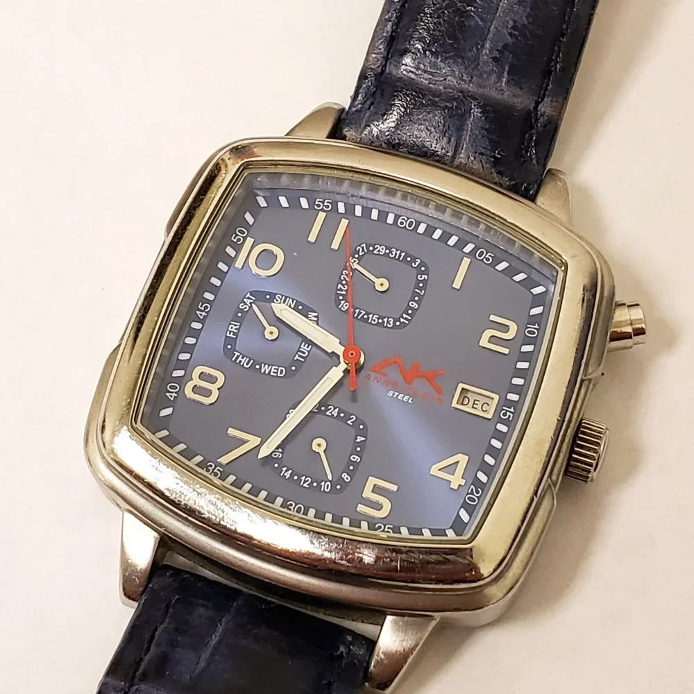 Anne Klein AK Navy Blue Day Date DOW 24-HR Red White Blue Square Face Watch